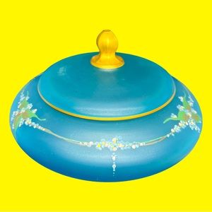 Vintage Tiffin Satin Blue Hand Painted Enameled Floral LiddedCandy Dish Nut Bowl